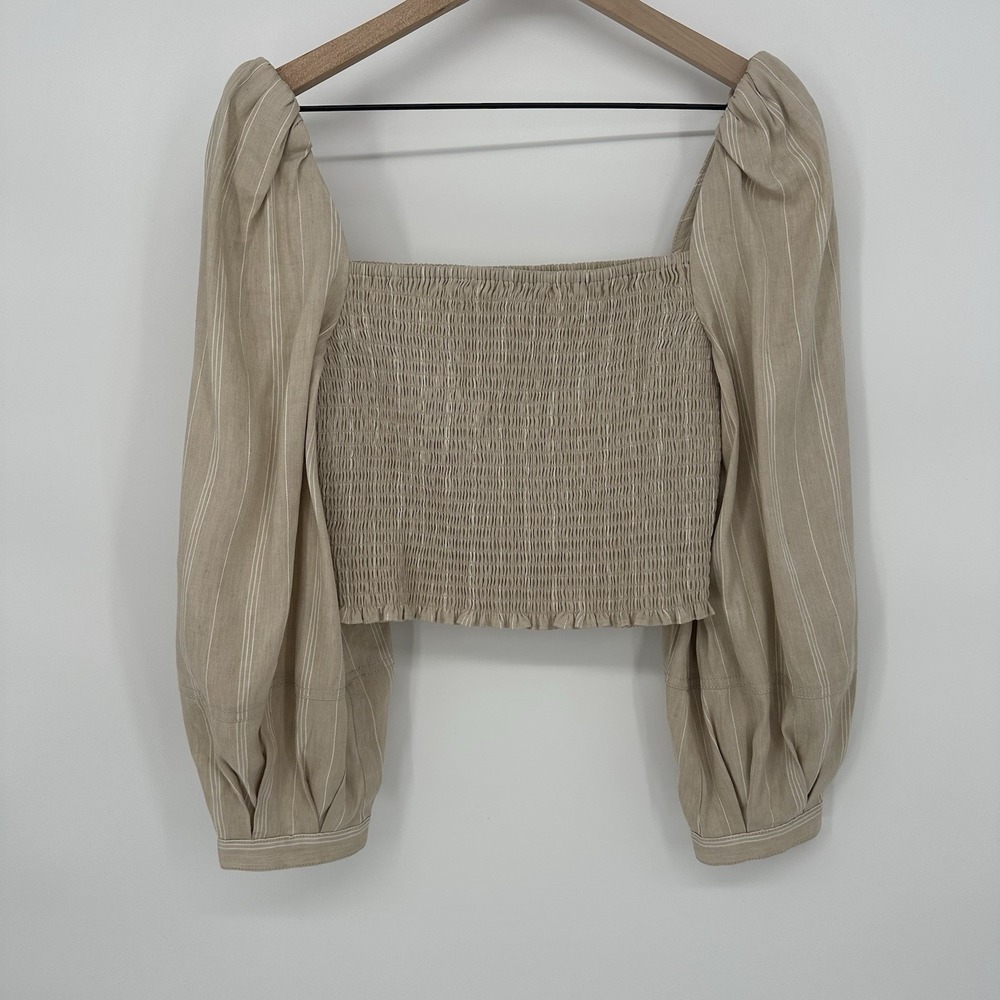 Derek Lam 10 Crosby Women'sLinen Blend Puffy Sleeve Striped Smocked Blouse Sz 4 - Picture 3 of 9